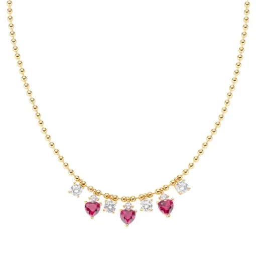 AMEN - Collana Chandelier Princess Dorata con Zirconi Bianchi e Cuori Rubino