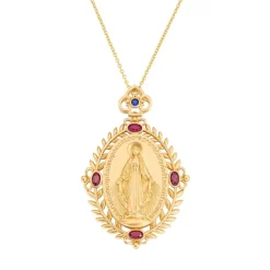 Amen - Collana Medaglia Miracolosa Dorata con Zirconi Bianchi, Rossi e Blu