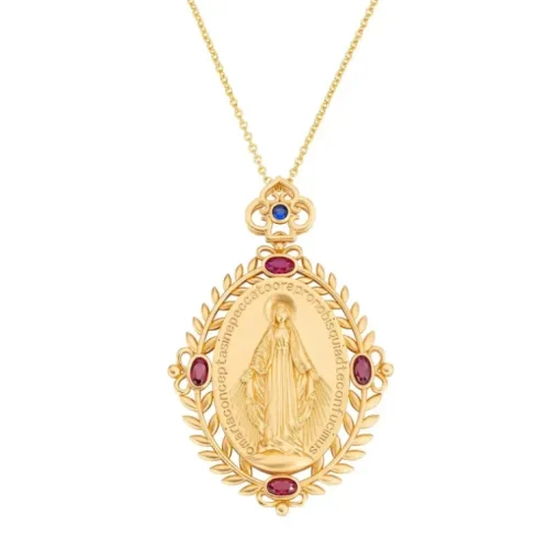Amen - Collana Medaglia Miracolosa Dorata con Zirconi Bianchi, Rossi e Blu