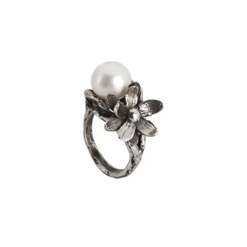 Bottega Boccadamo - Anello In Argento Brunito Con Perla Naturale E Ninfea