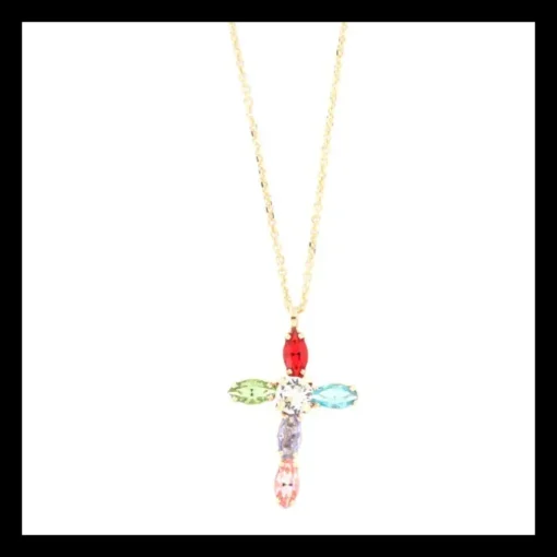 BYSIMON - Collana in Argento 925 croce impreziosita da cristalli multicolore e punto luce di cristallo bianco centrale