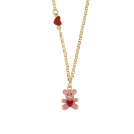 BYSIMON - Collana in Metallo con orso rosa e cuore rosso