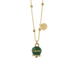 BYSIMON - Collana in Metallo campanella portafortuna verde, con scritta Capri e cristalli bianchi