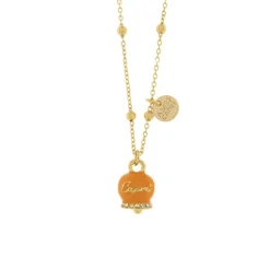 BYSIMON - Collana in Metallo campanella portafortuna arancione, con scritta Capri e cristalli bianchi