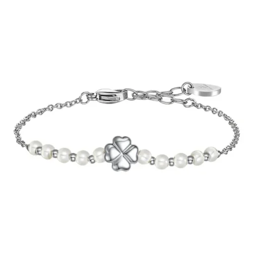 Luca Barra - BRACCIALE DONNA CON QUADRIFOGLIO IN ACCIAIO E PERLE BIANCHE
