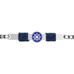 Luca Barra - BRACCIALE IN ACCIAIO, PIASTRA CON SMALTO BLU E TIMONE E CORDA BLU