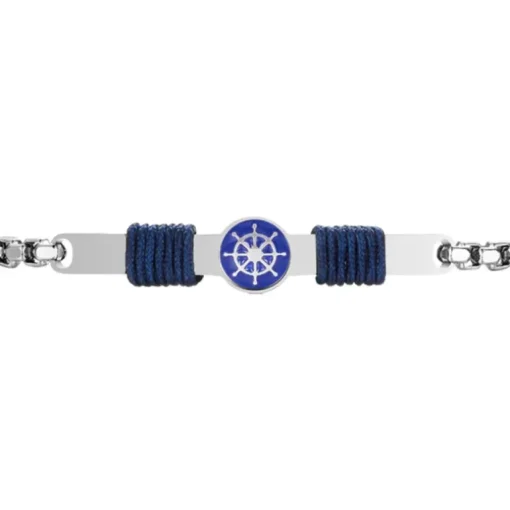 Luca Barra - BRACCIALE IN ACCIAIO, PIASTRA CON SMALTO BLU E TIMONE E CORDA BLU