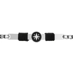 Luca Barra - BRACCIALE UOMO IN ACCIAIO, PIASTRA CON SMALTO NERO E ROSA DEI VENTI E CORDA NERA