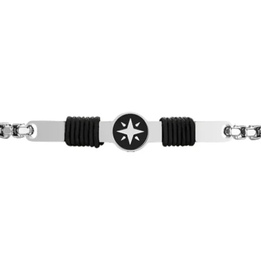 Luca Barra - BRACCIALE UOMO IN ACCIAIO, PIASTRA CON SMALTO NERO E ROSA DEI VENTI E CORDA NERA