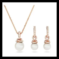 Swarovski - Collana e Orecchini Originally Crystal Pearl set , Bianco, Placcato color oro rosa