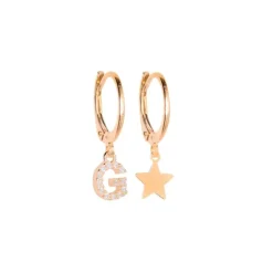 VERSARI - Orecchino con ciondolo iniziale R pavé e orecchino con stellina galvanica oro rosa
